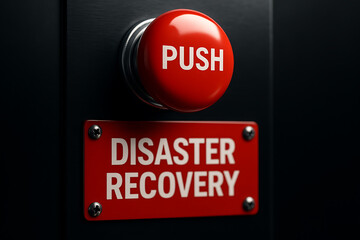 Close-up of red PUSH button labeled "DISASTER RECOVERY" on black metal surface, symbolizing emergency response, disaster recovery plan activation, and crisis management systems
