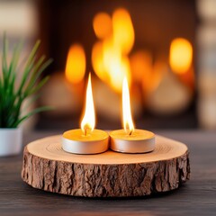 overwork therapy relaxation concept. Two candles with flames on a wooden slice, creating a cozy and warm ambiance in a softly lit setting.