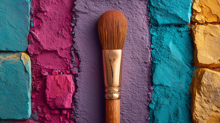 Professional Makeup Brush Against a Colorful Mosaic of Pressed Powder Shades