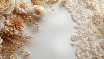 Naklejka premium Beige flowers and lace on white