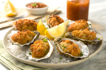 Delicious Fried Oysters on Half Shell with Lemon and Hot Sauce