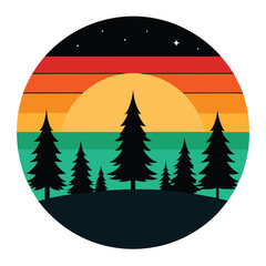 vector retro northern lights sunset with pine fore.