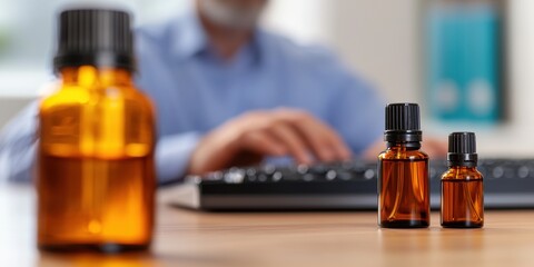 overwork therapy relaxation concept. Bottles of essential oils on a desk with a person typing in the background.