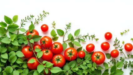 Fresh Ripe Red Tomatoes and Green Herbs Arranged Artfully on a White Background