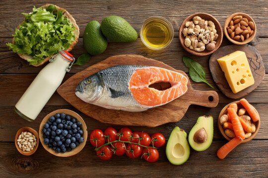 Assorted healthy foods on rustic wooden table - Powered by Adobe
