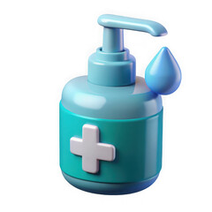 3d cartoon hand sanitizer bottle with drop isolated on transparent background