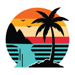 tropical island with palm tree and sun