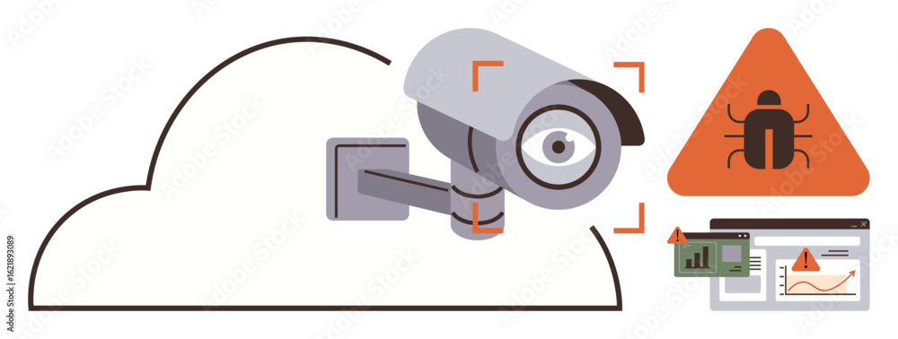 Poster surveillance camera with cloud outline, malware warning sign, and data charts. ideal for cybersecuri