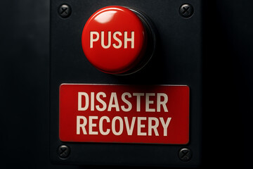 Close-up of red PUSH button labeled "DISASTER RECOVERY" on black metal surface, symbolizing emergency response, disaster recovery plan activation, and crisis management systems
