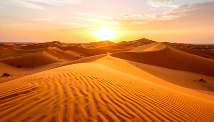 A cinematic wide shot of golden desert dunes at sunset, featuring long shadows and a warm, glowing orange sky.