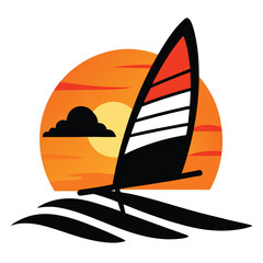 vector retro windsurfing sea sunset with waves