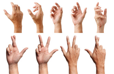 GROUP of Male Asian hand gestures isolated over the white background. Soft Grab Action. Touch Action.