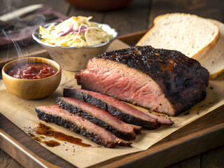 Delicious Sliced Smoked Brisket with Sides and BBQ Sauce