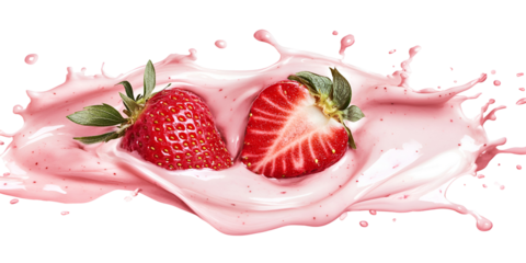 Closeup of pink milky splash and ripe fresh red strawberries isolated on white background. Pink liquid in motion, milky strawberry shake. Generative AI 3d render illustration imitation.