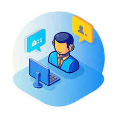 Customer support representative assisting clients online virtual office digital illustration professional environment front view engagement