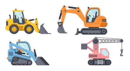 Cartoon construction vehicles featuring bulldozer, excavator, and crane in vibrant colors