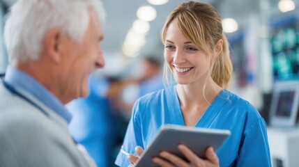 Smiling nurse discusses medical information with elderly patient using a tablet in a bright hospital setting