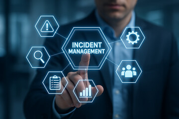 Incident management process business technology concept. Businessman using laptop with incident management icon on virtual screen. diagnosing and resolving unexpected problems that occur.