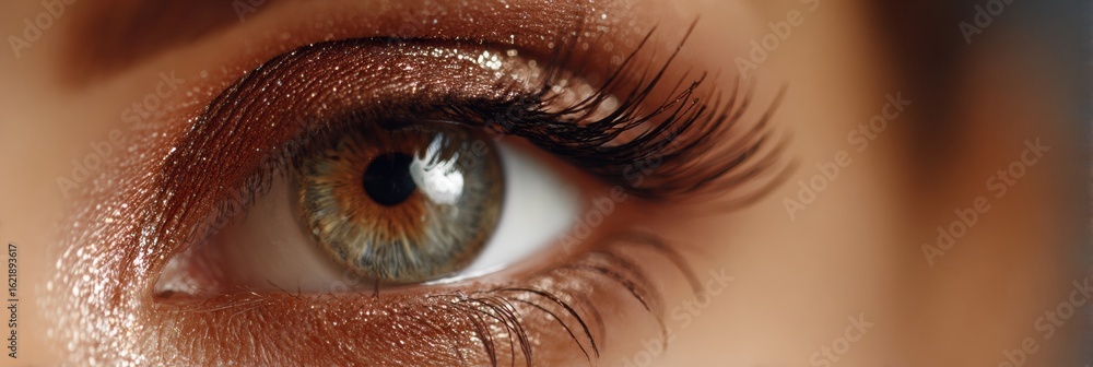 Poster close-up of an eye with shimmering shadow and soft light against a blurred background highlighting n