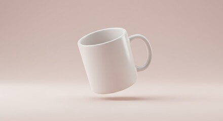 A plain white mug, seemingly levitating, against a soft pastel background.