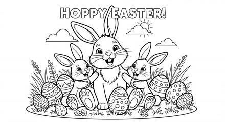 Cute Easter bunnies and decorated eggs celebrating a happy holiday season together