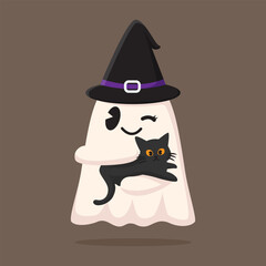 Cute Halloween ghost character. Vector illustration of a ghost hugging a cute black cat. Halloween celebration decoration.