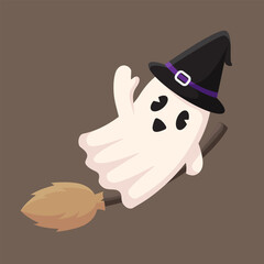 Cute Halloween ghost character. Vector illustration of a ghost with a cute broomstick. Halloween celebration decoration.