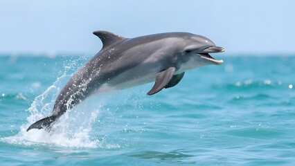 Fototapeta premium Dolphin leaping out of the ocean with a splash under clear skies