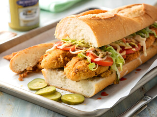 Crispy Fried Seafood Po'boy Sandwich with Fresh Toppings