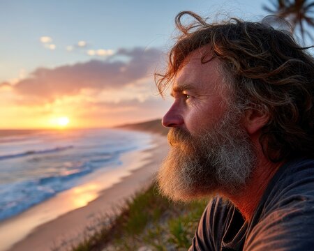 Man watches sunset over beach - Powered by Adobe