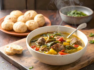 Steaming Hot Caribbean Meat and Vegetable Stew with Bread