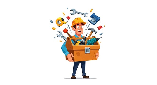 Enthusiastic cartoon construction worker carrying toolbox filled with tools  ready for tasks