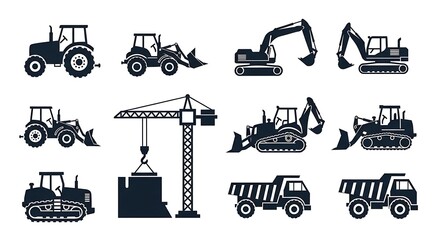 Construction Equipment Vector Illustration featuring Tractors, Excavators and Dump Trucks