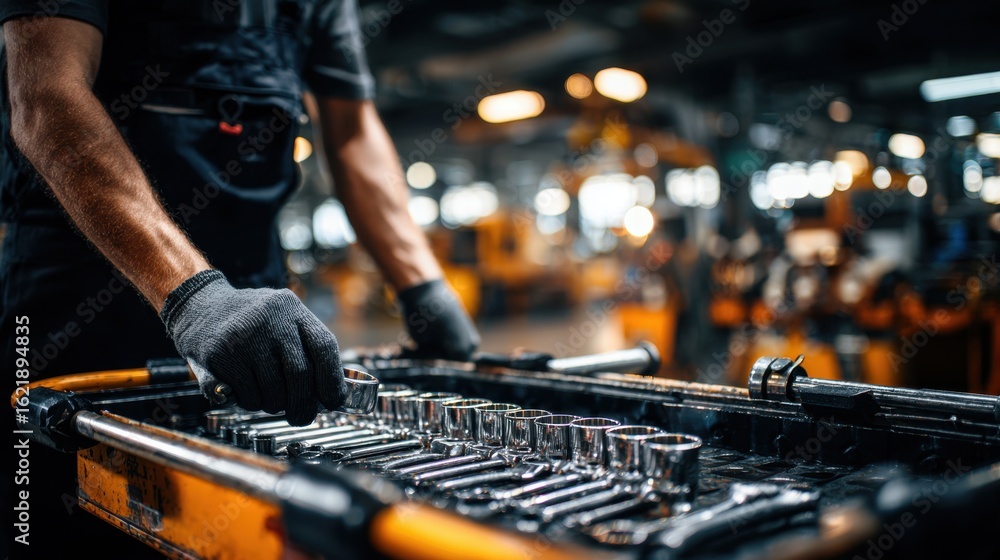 Poster detailed view of oily socket set and wrench resting on rolling cart next to automotive technician ti