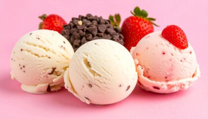 Three scoops of ice cream, chocolate chip, vanilla, and strawberry, with fresh strawberries and chocolate chips on a pink background.