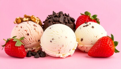 Three scoops of ice cream, each with different toppings (nuts, chocolate chips) and fresh strawberries, arranged against a pink background.