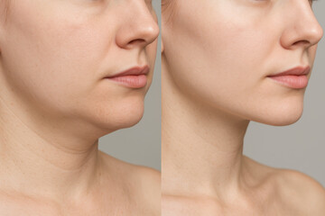 Double chin reduction and lower jaw contour enhancement before after comparison, right profile, bright neutral background, cosmetic surgery concept