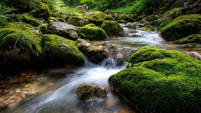 Serene forest stream flows over moss-covered rocks surrounded by lush green foliage and sunlight dappling through trees