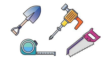 Obraz premium Illustration of construction tools: shovel, jackhammer, tape measure, and hand saw