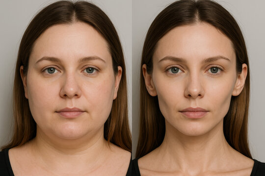 Facial slimming transformation before and after comparison, full frontal view of adult woman, face contour and weight loss result under soft light