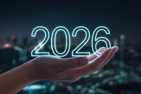 Glowing neon numbers 2026 floating above an open human hand against a blurred city skyline year future