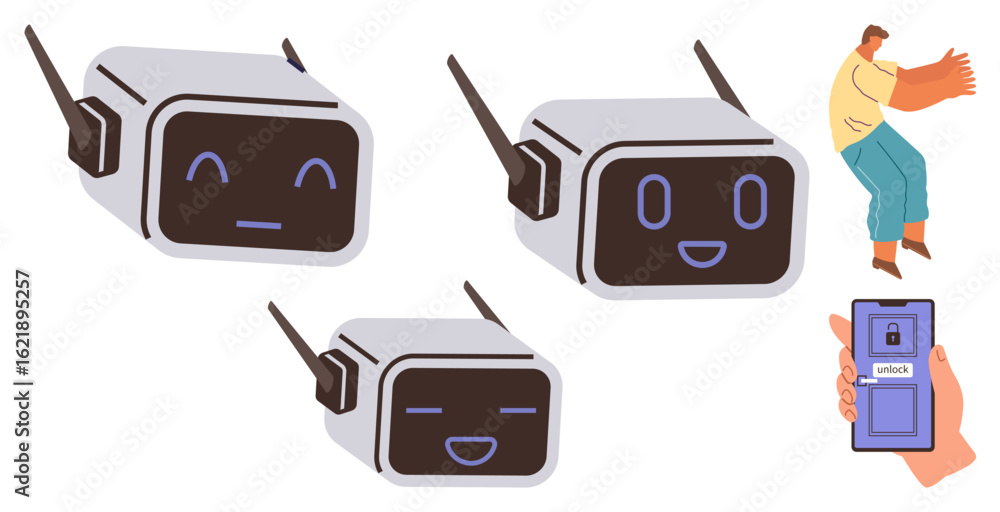 Poster set of robots showcasing emotions alongside a man locking an app-controlled door. ideal for technolo