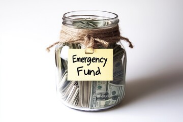 Household money jar filled with small notes, written tag "Emergency Fund", realistic setup