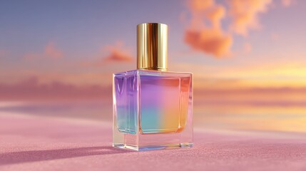 Luxury square glass perfume bottle with gradient sunset-colored liquid, pastel dreamy background