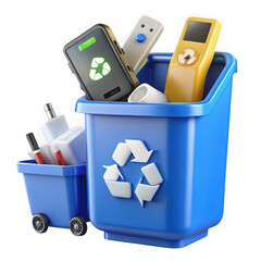 Electronic waste recycling bins with various devices isolated on transparent background