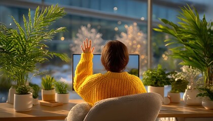 Woman waving at computer in sunny room
