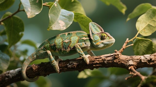 A vibrant chameleon perched on a tree branch, surrounded by lush green leaves. - Powered by Adobe