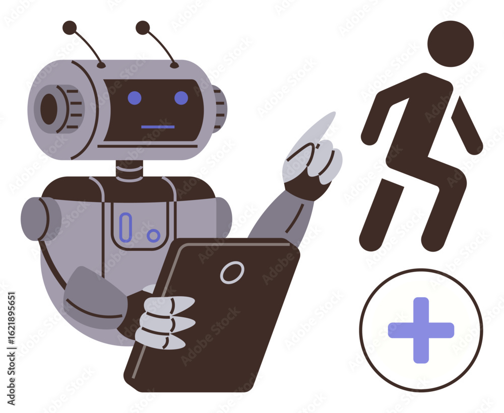 Poster robot holding a tablet while referencing a human figure and a plus sign. ideal for ai, robotics, hea