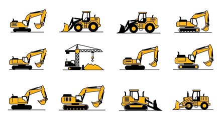 Construction vehicles illustration featuring excavators, loaders, and a crane in yellow and black