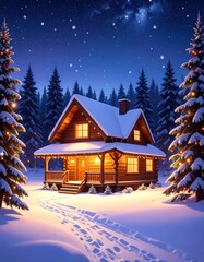 Fototapeta premium Snowy cabin at night (2)